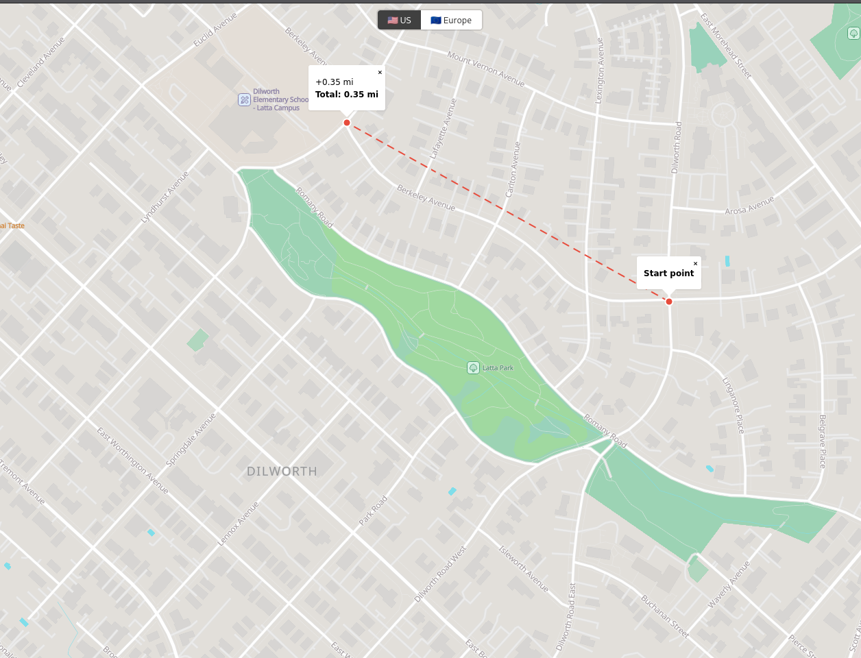 Offline map viewer with distance measurement tool