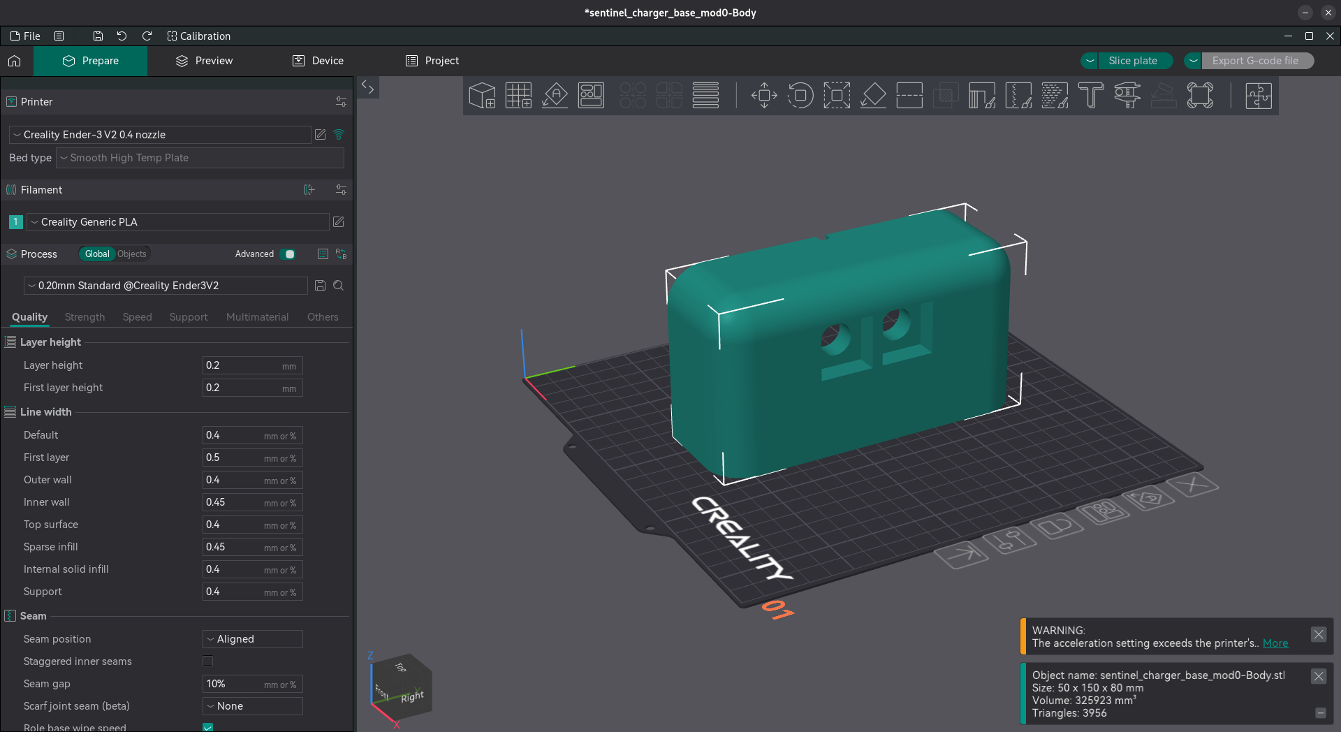 Dock base sliced in Orca Slicer